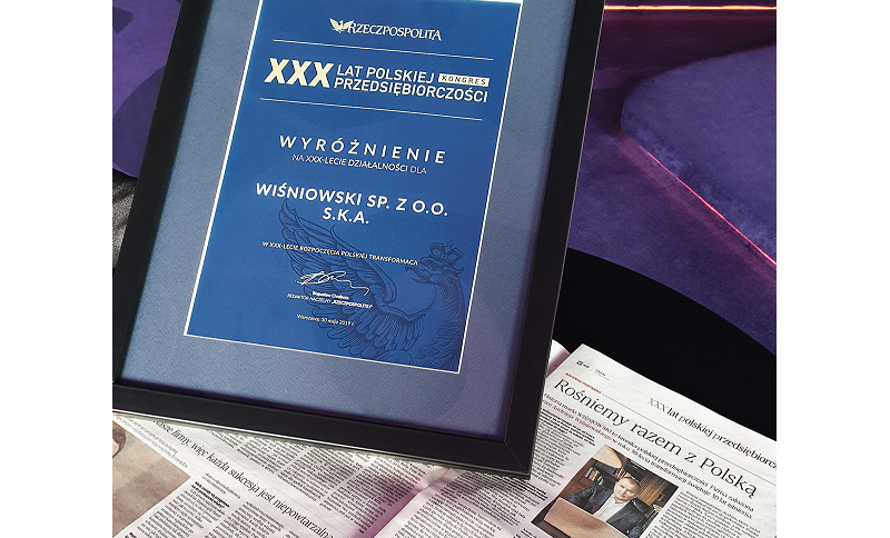 Nagroda 30 firm na 30 lat polskiej przedsiębiorczości dla firmy Wiśniowski